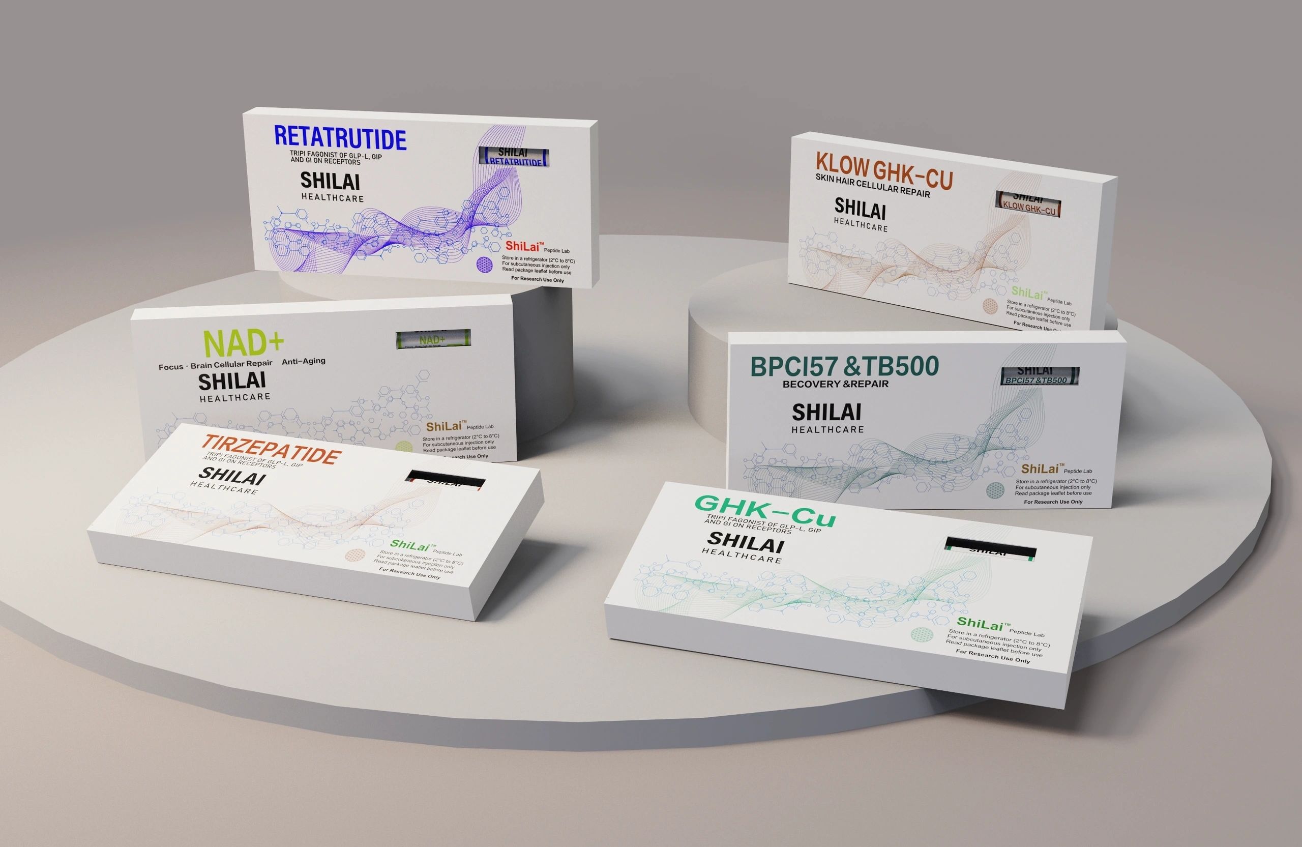ShiLai Healthcare full peptide product range including Retatrutide, NAD+, KLOW GHK-CU